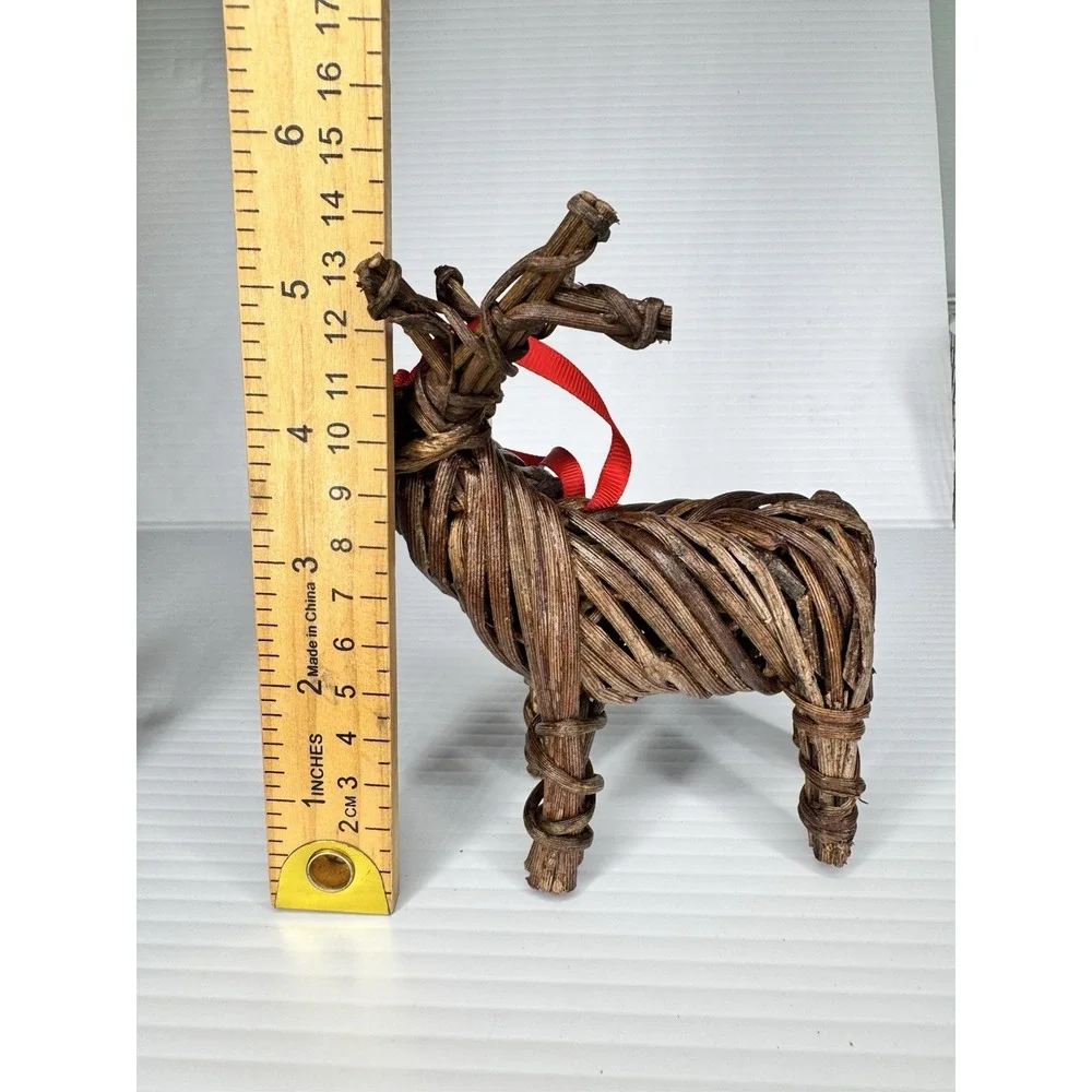 Pottery Barn NWT Reindeer Christmas Ornaments Deer Pair Wood Wicker Ribbon 7